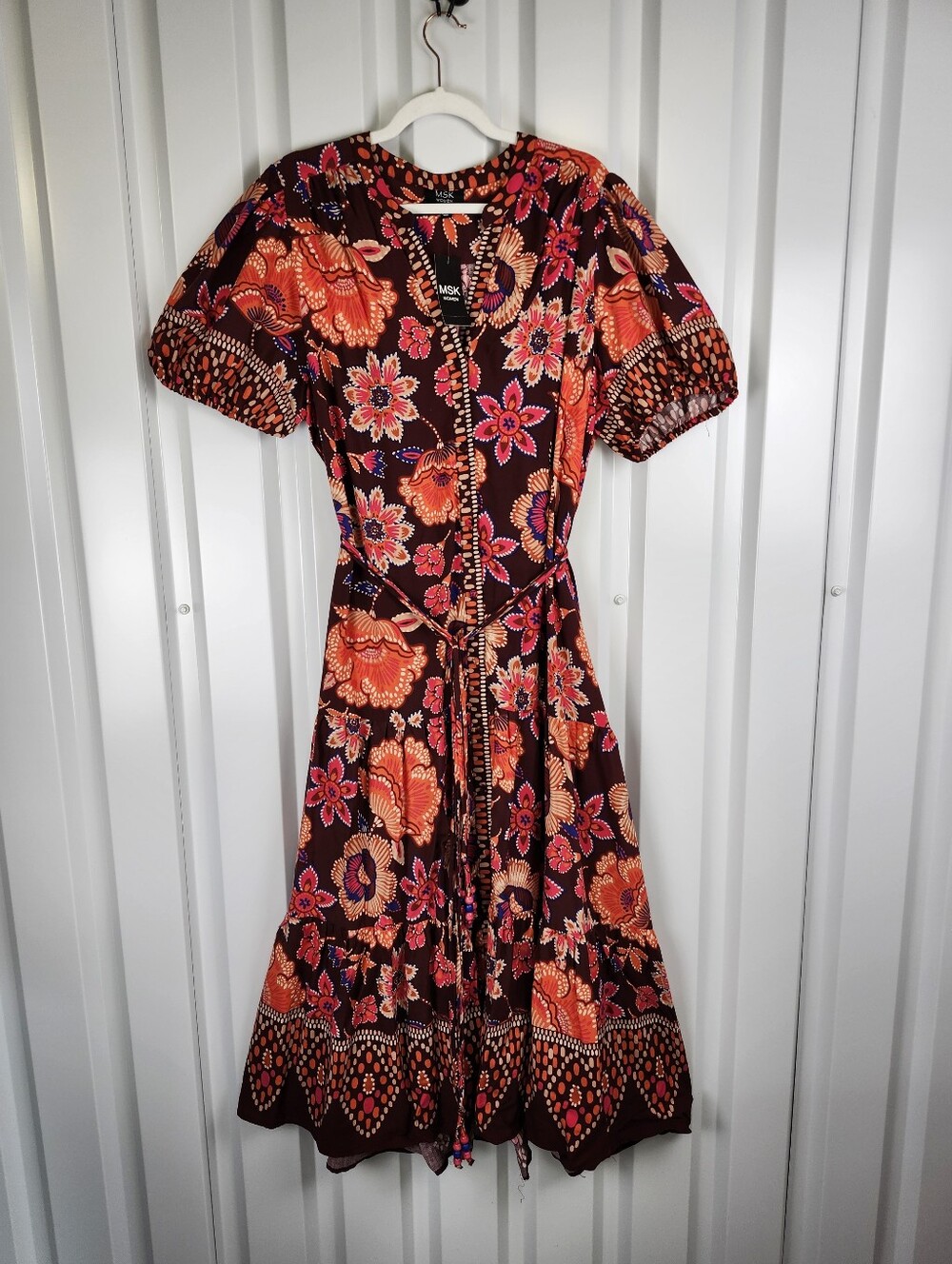MSK Women's Challis Button Front Brown & Orange Floral Maxi Dress Size 1X NWT - Picture 2 of 8